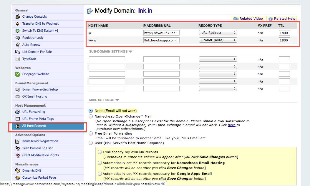 Namecheap Heroku domain settings