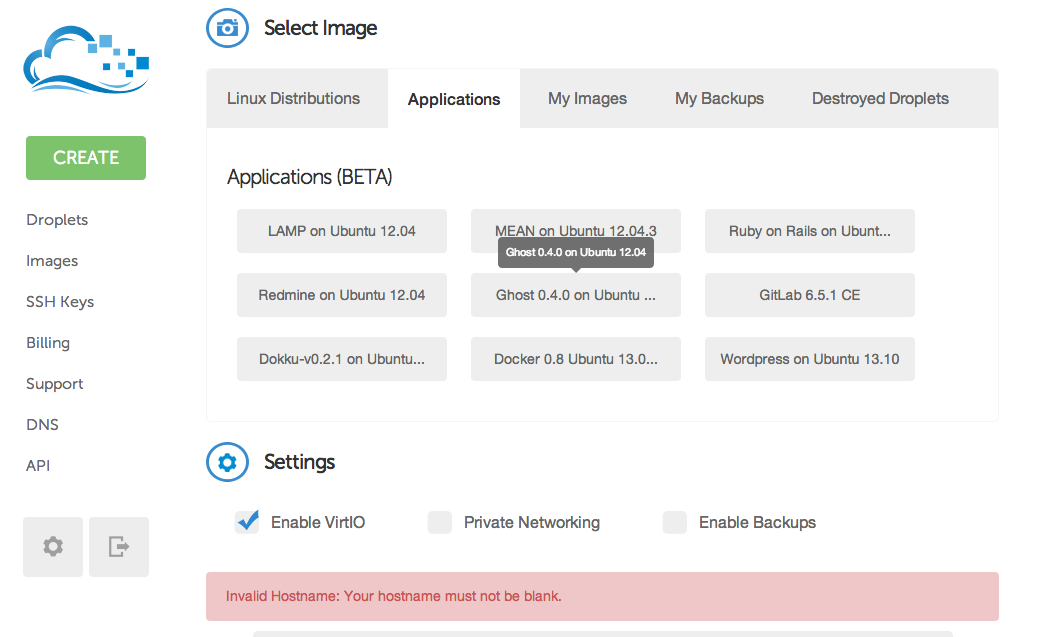 creating a droplet with Ghost preinstalled