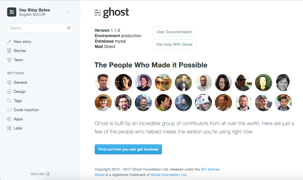 the Itsy Bitsy Bytes blog running Ghost 1.0