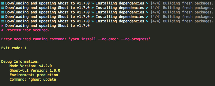 Error occurred running command: 'yarn install --no-emoji --no-progress'