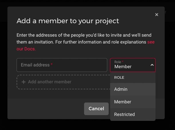 Popup to add a member to the project
